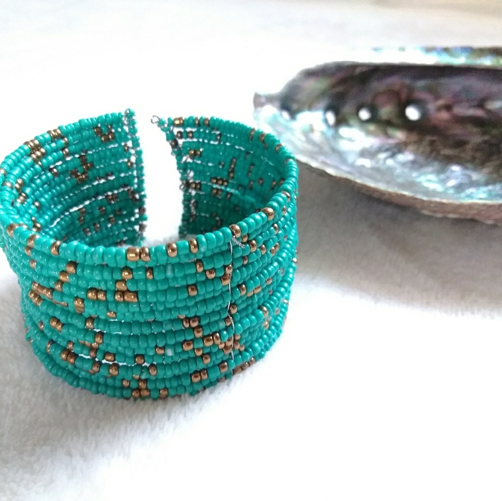 Unique Boho Beaded Bangle Bracelet statement cuff bracelet turquoise color 🤍 - Picture 2 of 5